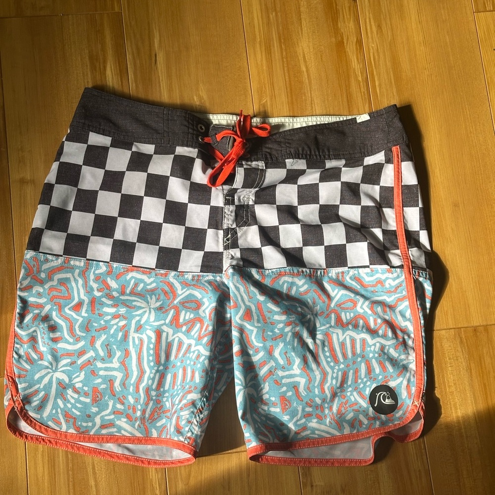 Quiksilver Men's Checkered Swim Shorts - Black, Orange, and Light Blue